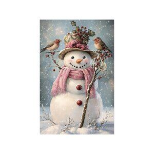 Winter Pink Snowman Bird Snowflake Unframed Canvas Wall Art  24" X 36"